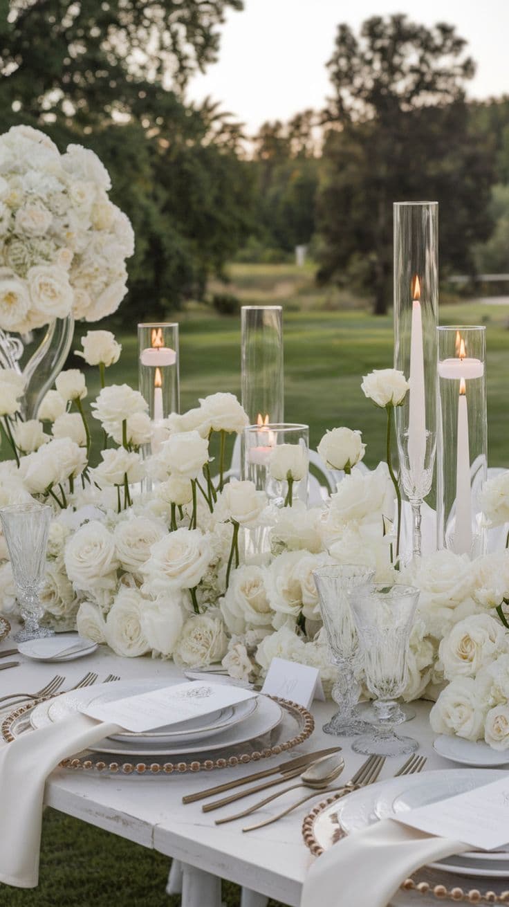 Tavola apparecchiata con fiori bianchi e candele all’aperto